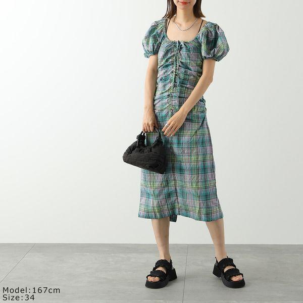 GANNI ガニー ワンピース Seersucker Check Gathered U-neck Midi Dress F7654 6482 レディース シアサッカー チェック ミディ丈 759/Lagoon｜s-musee｜02