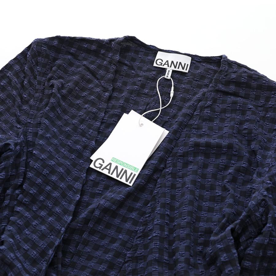 GANNI ガニー ピンストライプ　パフスリーブ ロングワンピース 34 紺 GANNI（ガニー） ワンピース Stretch Seersucker Gathered Midi Wrap