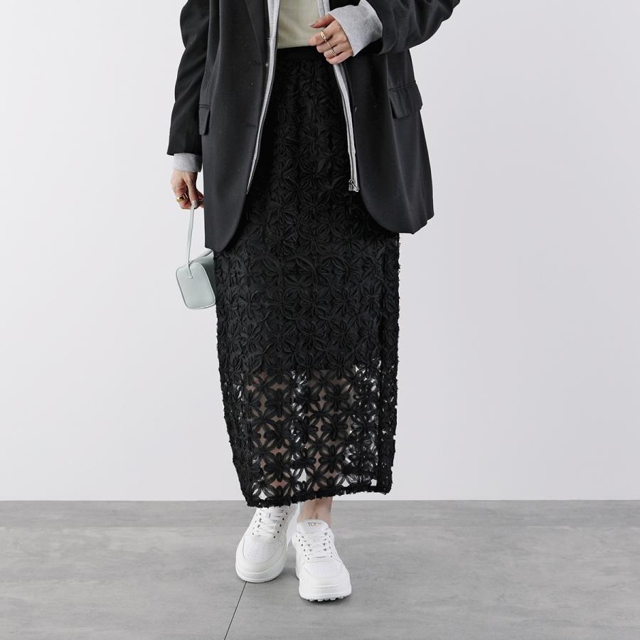ANAYI　黒のレース花柄ロングスカート Lace Ladies（レースレディース） ボタニカル柄 ロングスカート
