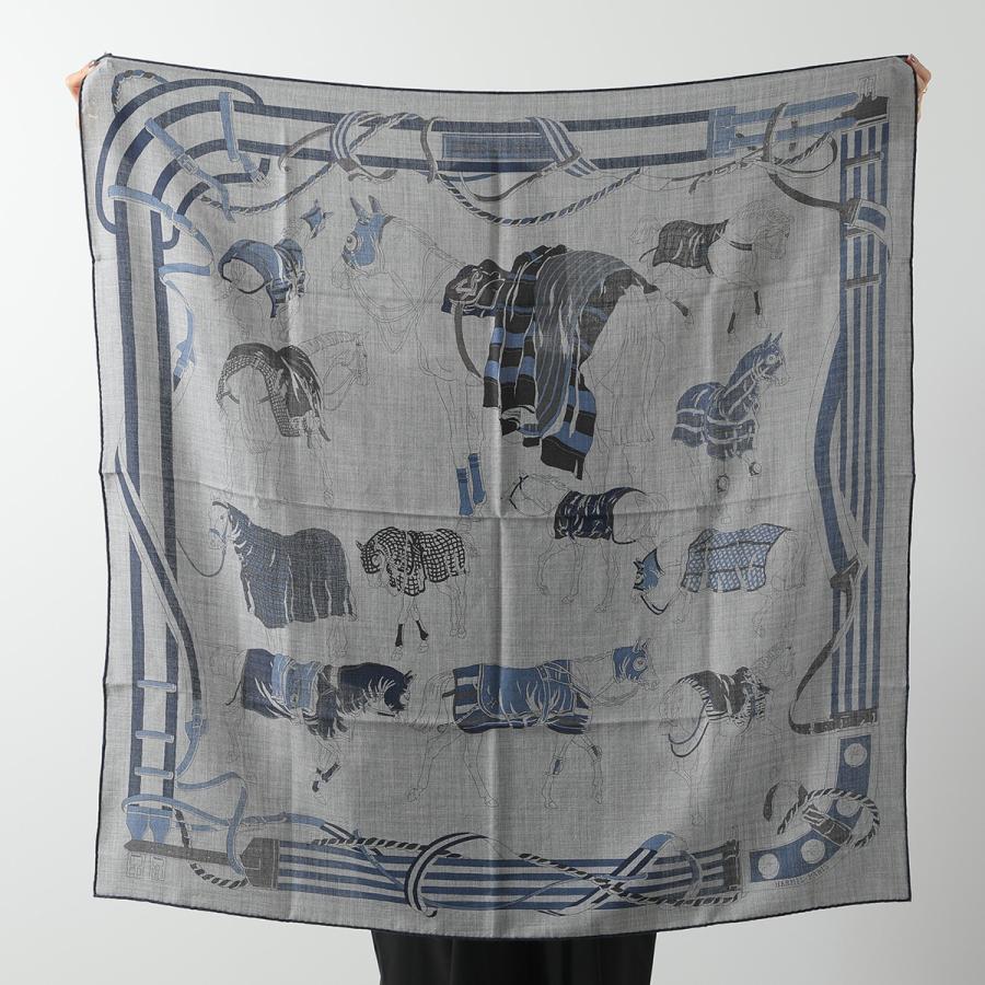 HERMES(エルメス) ストール(ショール)美品  カレH 100 ネイビー×グレー エルメス・メタリック/2024 カシミヤ、シルク HERMES（エルメス） スカーフ CARRE カレH 100×100 104062T 104145T