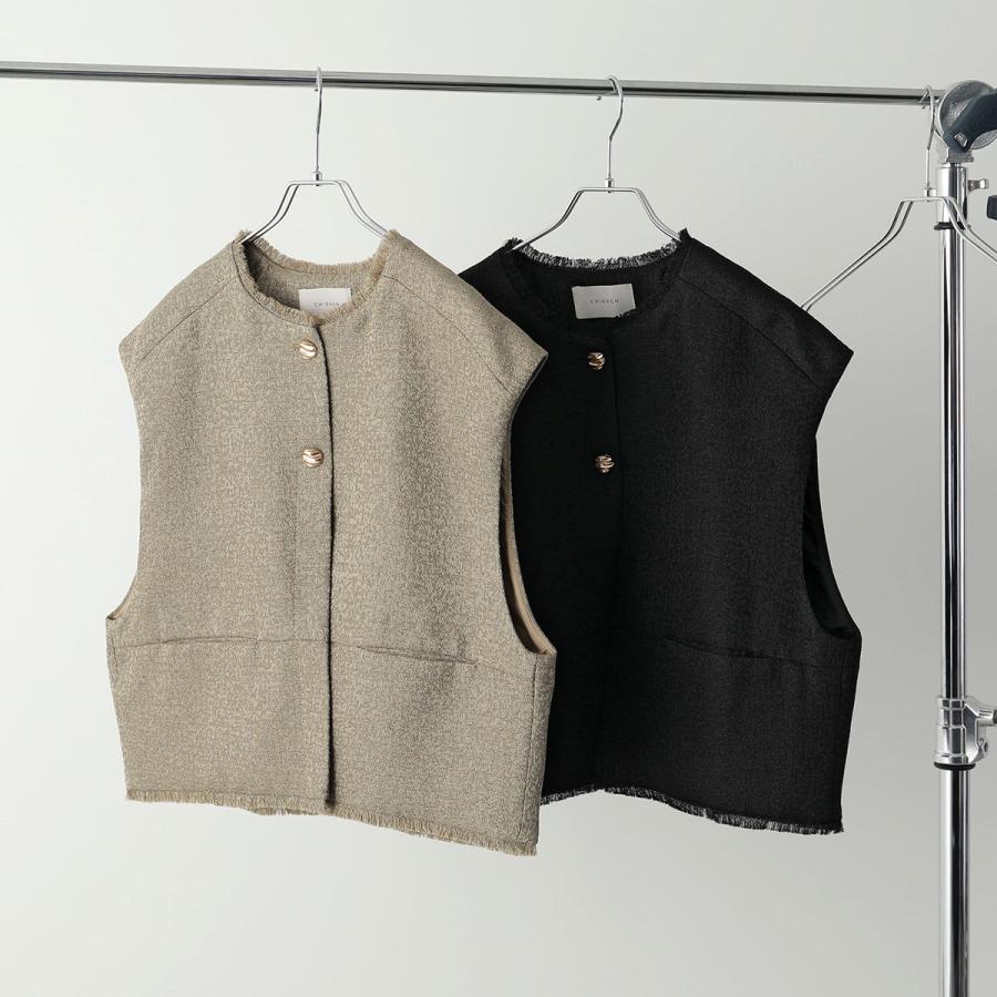 CHIGNON シニヨン ツイードショートベスト ノーカラー ジレ フリンジ CHIGNON（シニヨン） 別注 ツイード ショートベスト / レディース 前