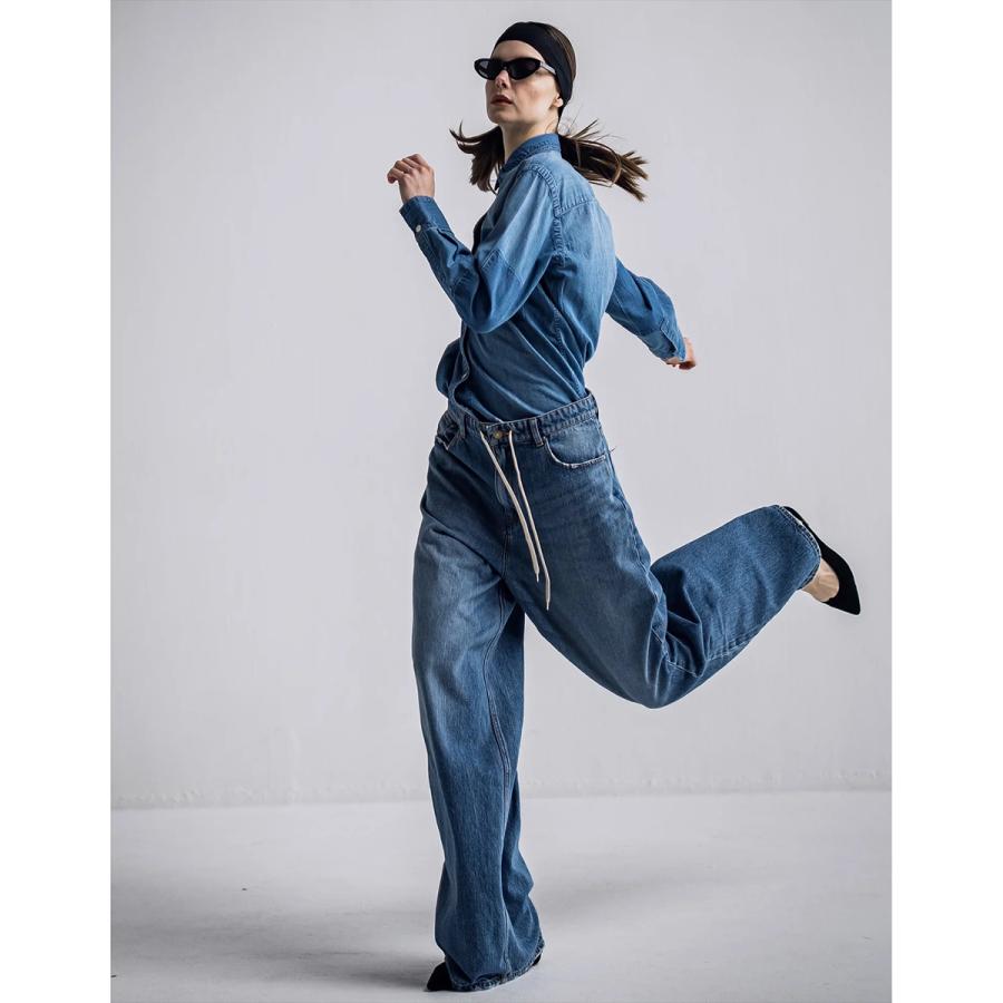 IHATOV イーハトーヴ デニムパンツ S 紺 【古着】【中古】【送料無料】 IHATOV（イーハトーブ） デニムパンツ Drawstring waist wide leg