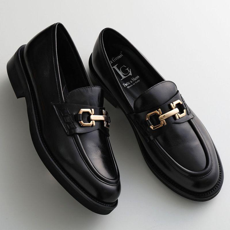 美品 ルカグロッシ レザー メタル ビットローファー ブラック 40 即日