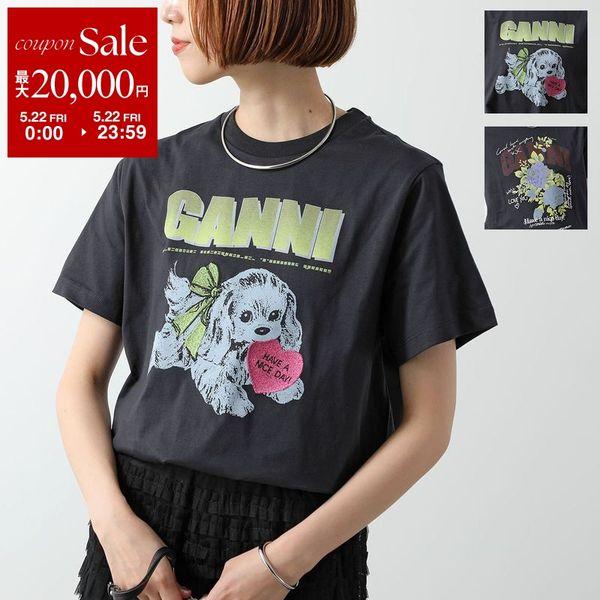 GANNI ガニー 半袖 Tシャツ Basic Cotton Jersey Neon Puppy Rose T-shirt T4333 T4342 レディース ロゴT カットソー コットン クルーネック カラー2色の画像
