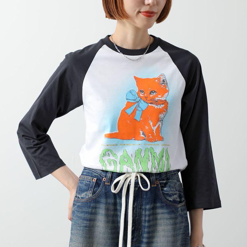 GANNI 長袖Tシャツ 猫のイラスト GANNI（ガニー） Tシャツ Basic Cotton Jersey Kitty Baby Fitted T