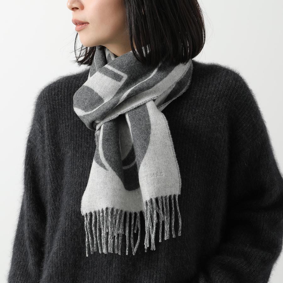 【美品】エルメス　カシミア　マフラー　刺繍　フリンジ　グレー 美品】エルメス カシミア マフラー 刺繍 フリンジ グレー エルメス