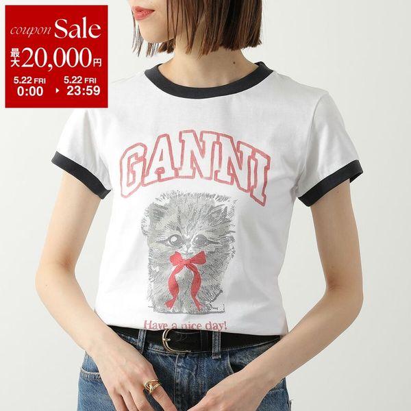 GANNI ガニー Tシャツ Basic Cotton Jersey Margot Kitty Print A1050030 レディース 半袖 カットソー クルーネック リンガーTシャツ 151/BRIGHT-WHITEの画像