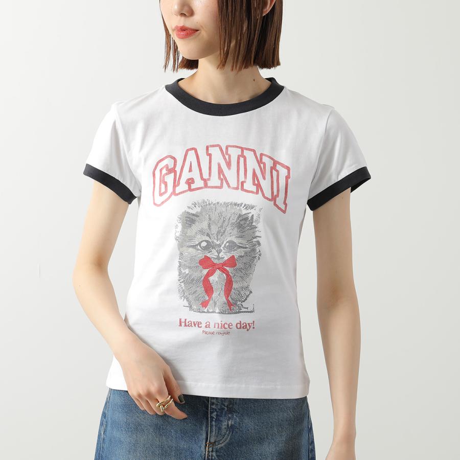 GANNI ガニー Tシャツ Basic Cotton Jersey Margot Kitty Print A1050030 レディース 半袖 カットソー クルーネック リンガーTシャツ 151/BRIGHT-WHITEの画像
