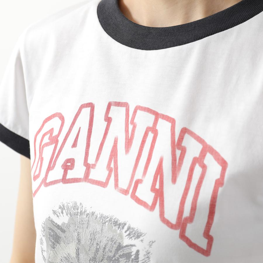 GANNI ガニー Tシャツ Basic Cotton Jersey Margot Kitty Print A1050030 レディース 半袖 カットソー クルーネック リンガーTシャツ 151/BRIGHT-WHITEの画像