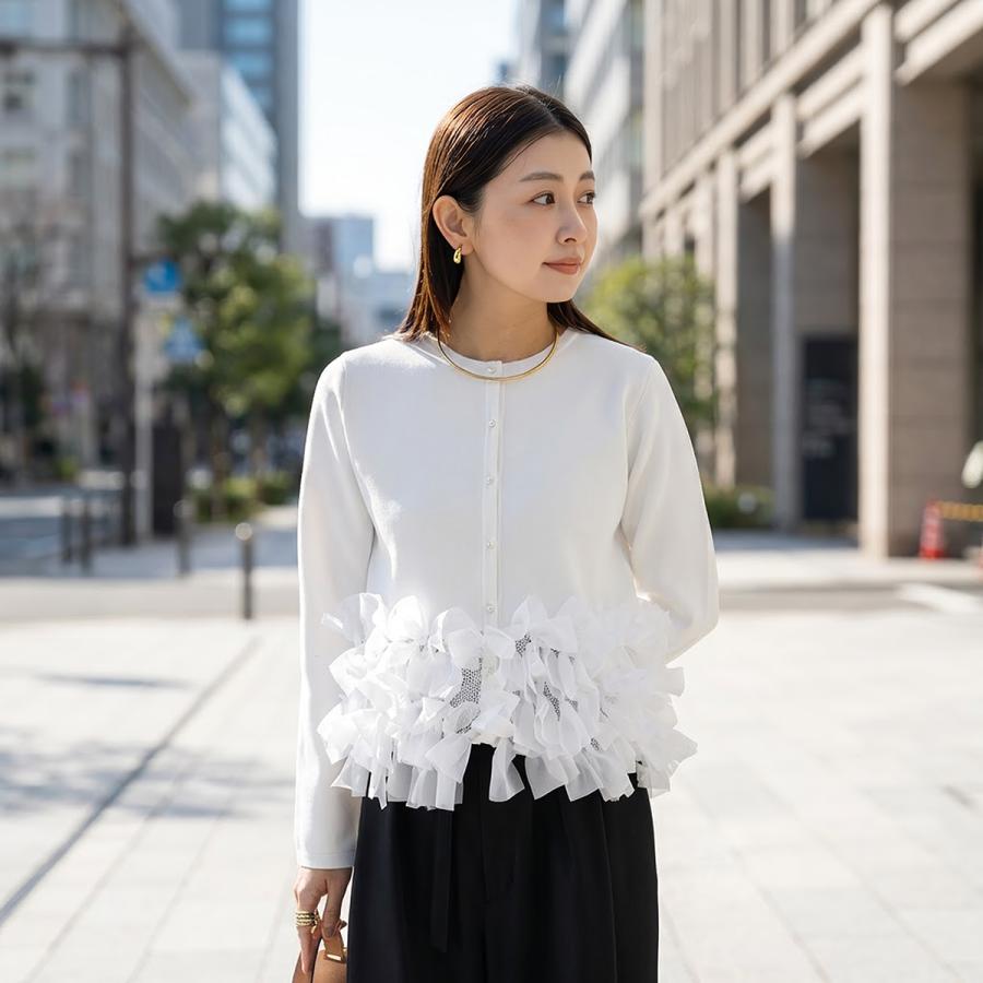 美品 MUVEIL ミュベール カーディガン 40 コットン 他 長袖 ボウタイ リボン レディース AM8098A70 MUVEIL フラワー刺繍カーディガン | KOKO