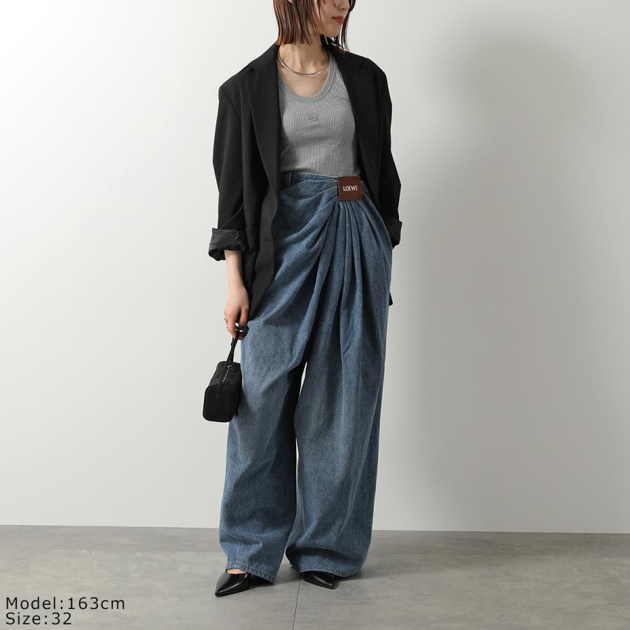 ロエベLOEWE ネイビー レザー　デニム風 ハイウエストパンツ細身ストレート LOEWE（ロエベ） ドレープ ジーンズ S540Y11X96 レディース デニム