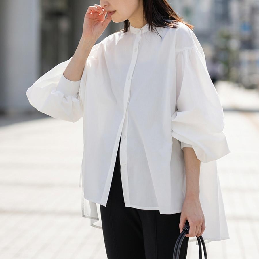 MaxMara】パフギャザースリーブブラウス バンドカラーリネンブラウス