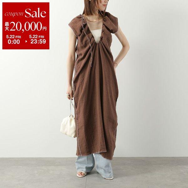 BASERANGE ベースレンジ ワンピース MAX DRESS DRMA CL レディース ギャザー リネン コットン リボン ロング丈 LOAM-BROWNの画像