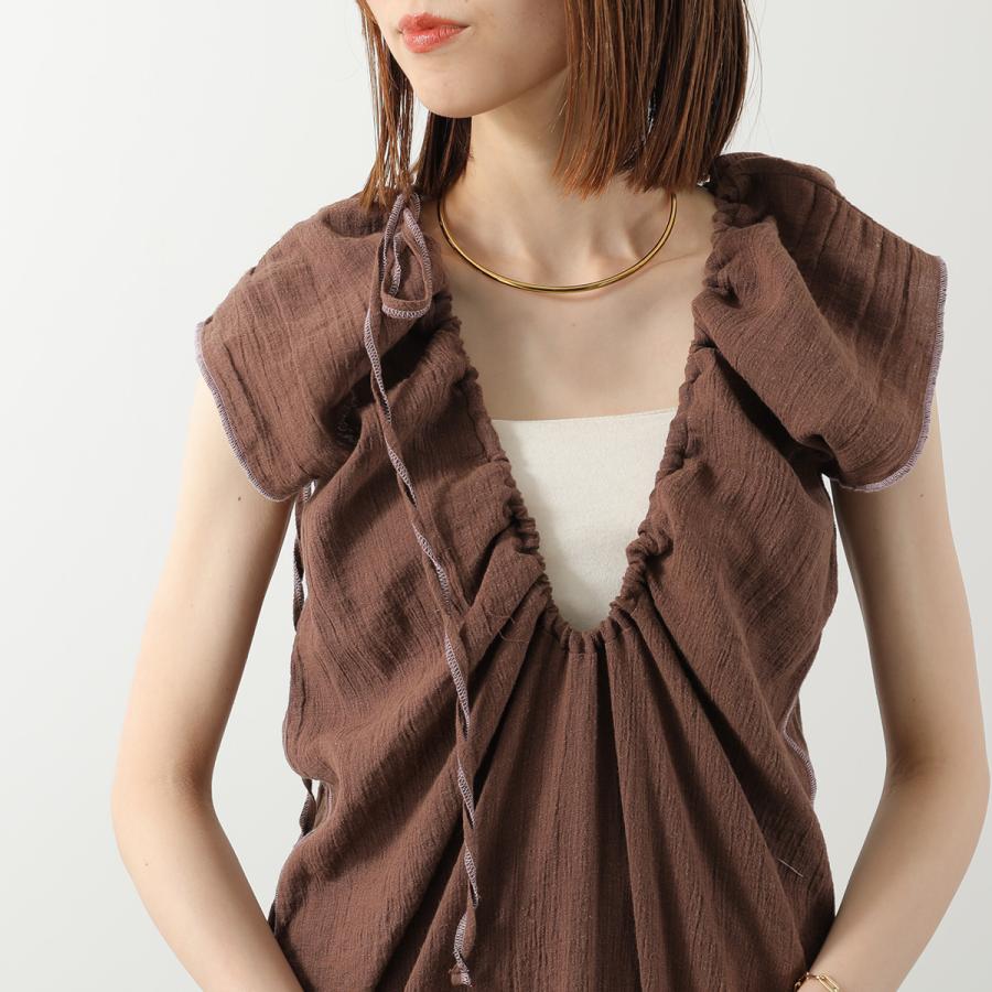 BASERANGE ベースレンジ ワンピース MAX DRESS DRMA CL レディース ギャザー リネン コットン リボン ロング丈 LOAM-BROWNの画像