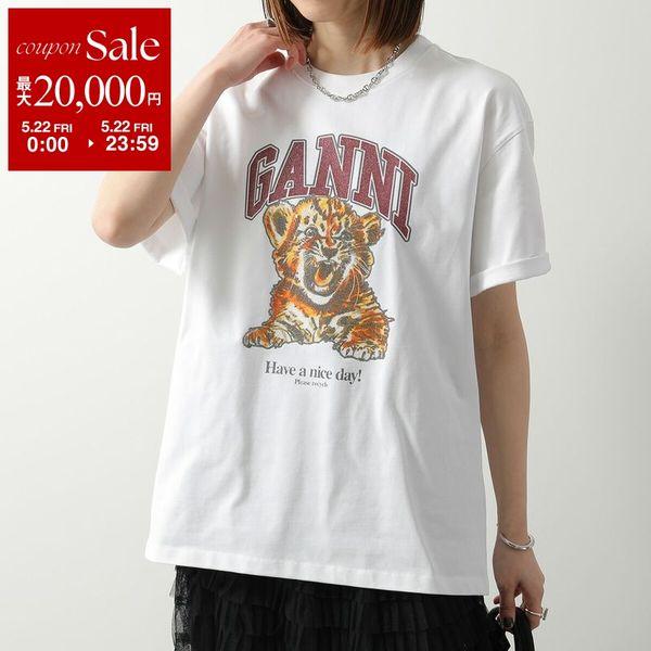 GANNI ガニー 半袖 Tシャツ Heavy Cotton Jersey Beaded Baby Tiger Print  A1050060 レディース カットソー ロゴ コットン 151/Bright-Whiteの画像