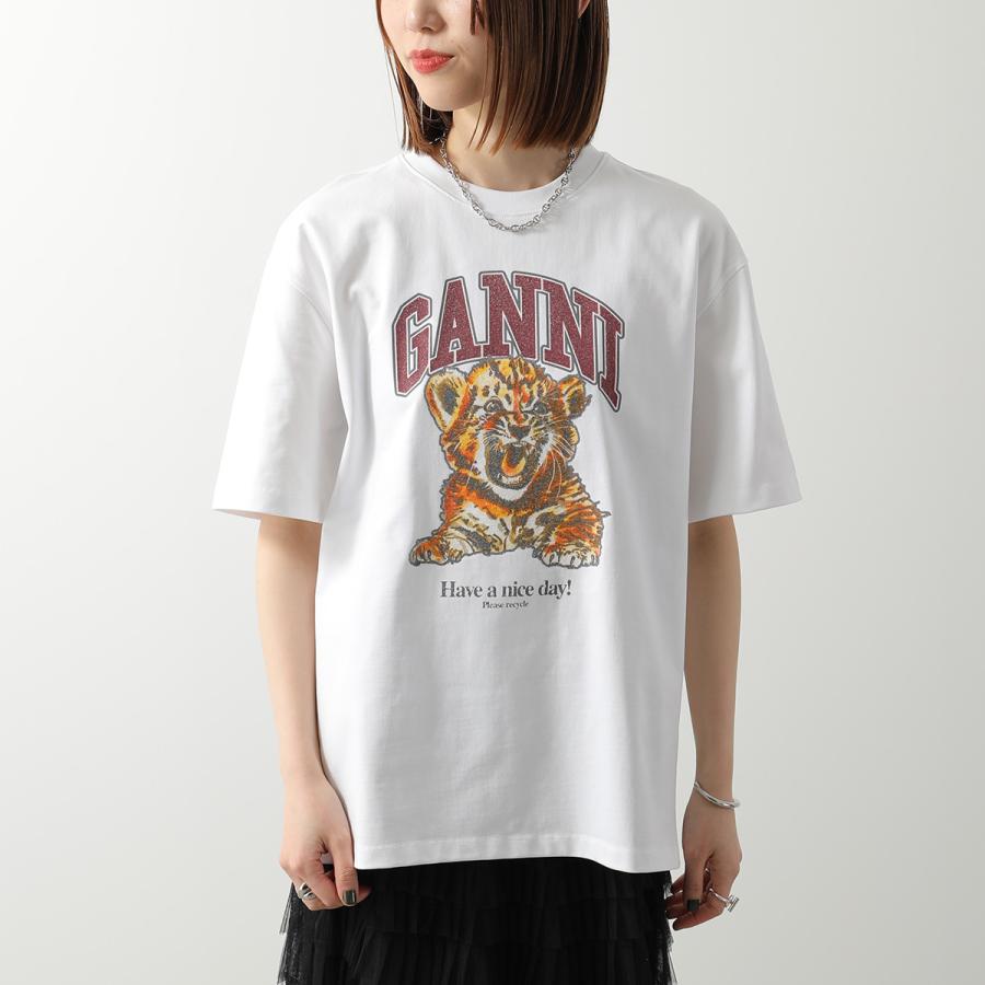 GANNI ガニー 半袖 Tシャツ Heavy Cotton Jersey Beaded Baby Tiger Print  A1050060 レディース カットソー ロゴ コットン 151/Bright-Whiteの画像