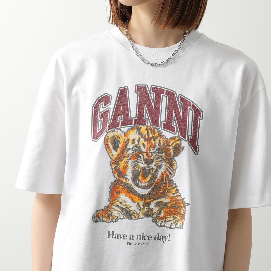 GANNI ガニー 半袖 Tシャツ Heavy Cotton Jersey Beaded Baby Tiger Print  A1050060 レディース カットソー ロゴ コットン 151/Bright-Whiteの画像