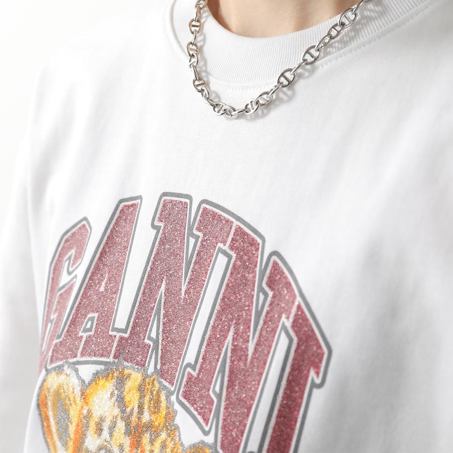 GANNI ガニー 半袖 Tシャツ Heavy Cotton Jersey Beaded Baby Tiger Print  A1050060 レディース カットソー ロゴ コットン 151/Bright-Whiteの画像