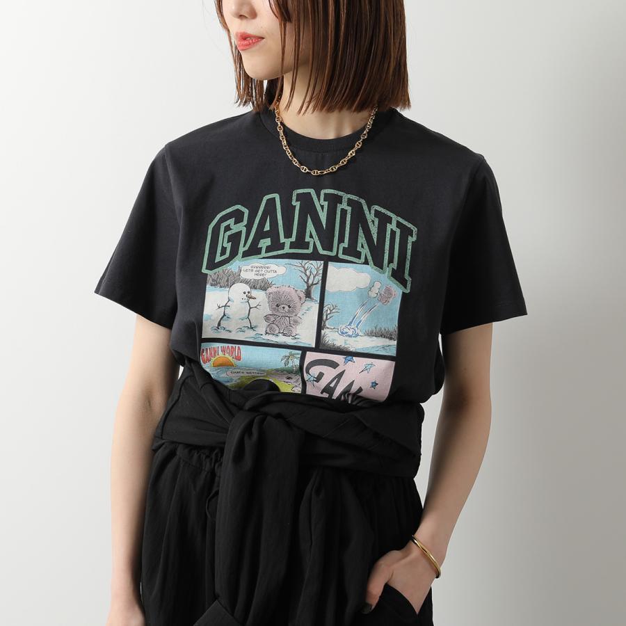GANNI クマのイラスト 半袖 Tシャツ ブラック GANNI（ガニー） 半袖 Tシャツ Basic Cotton Jersey Bear Comic Teddy