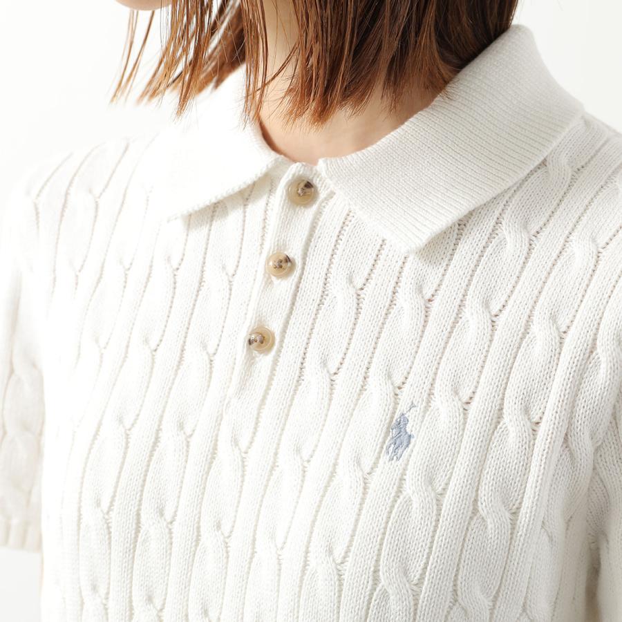 レディースPolo Ralph Lauren ホワイトニットポロシャツ Lサイズ POLO R.LAUREN] レディース ポロシャツ 半袖 ケーブルニット (POLO