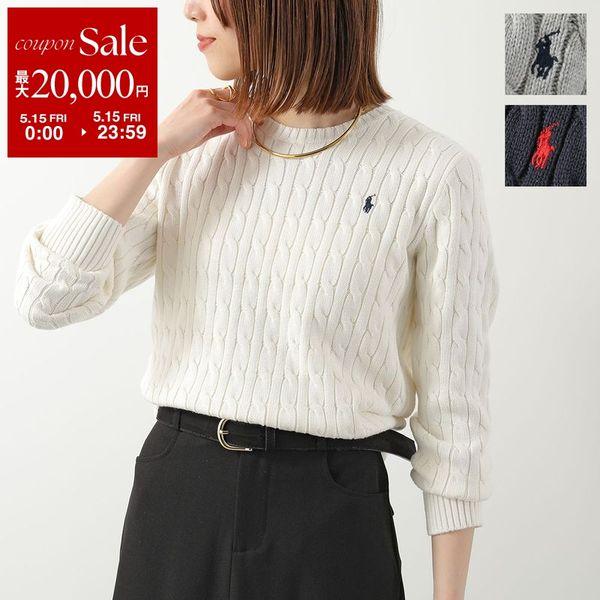 ポロ ラルフローレン コットン ケーブル ニット セーター レディース L / POLO 長袖ニット ワンポイント ポニー刺繍 クルーネック ホワイト ポロ ラルフ ローレン POLO RALPH LAUREN ケーブルニット コットン V