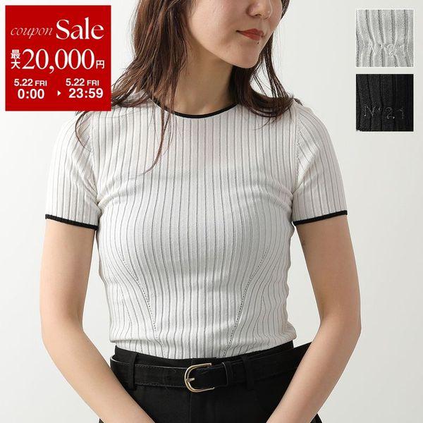N°21 ヌメロヴェントゥーノ 半袖 ニット A004 7534 レディース リブ クルーネック セーター スリムフィット ロゴ刺繍 ちびロゴの画像