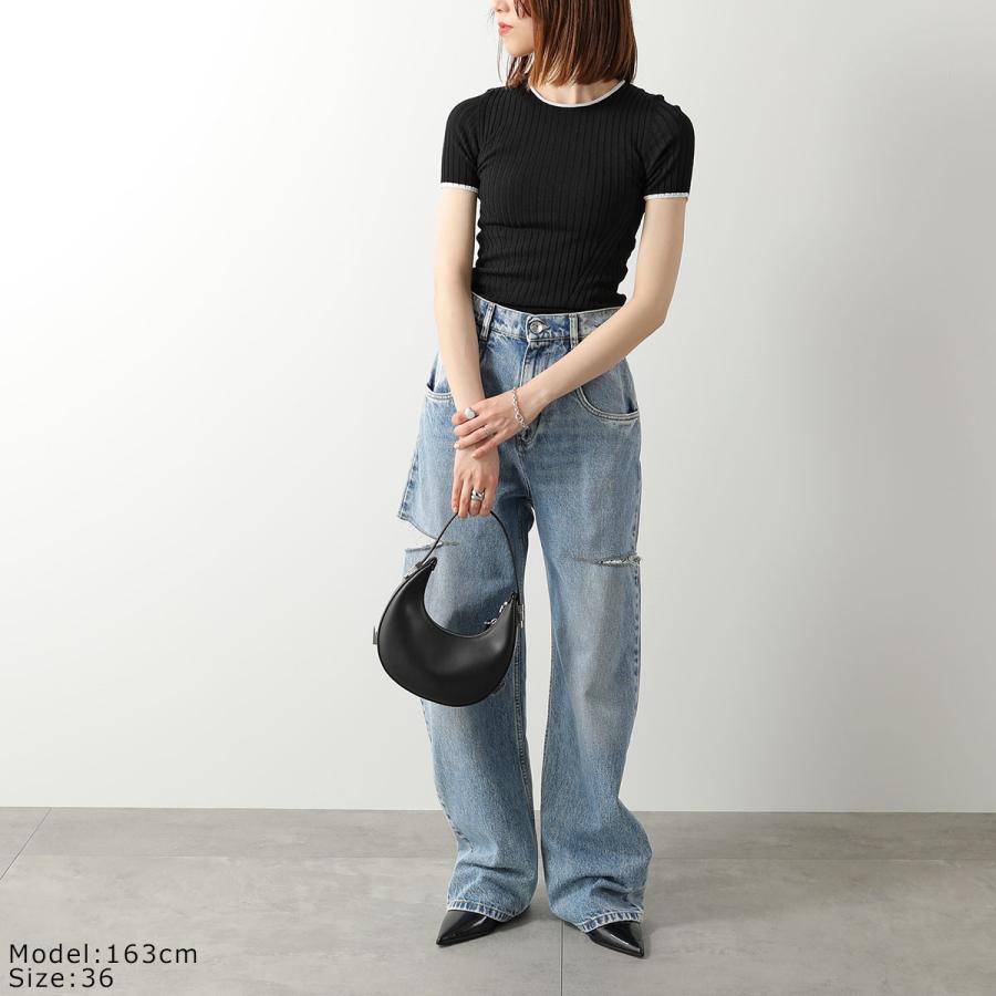 N°21 ヌメロヴェントゥーノ 半袖 ニット A004 7534 レディース リブ クルーネック セーター スリムフィット ロゴ刺繍 ちびロゴの画像