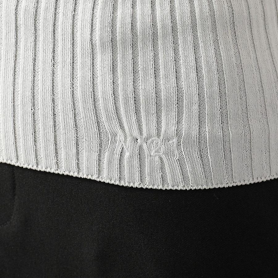 N°21 ヌメロヴェントゥーノ 半袖 ニット A004 7534 レディース リブ クルーネック セーター スリムフィット ロゴ刺繍 ちびロゴの画像