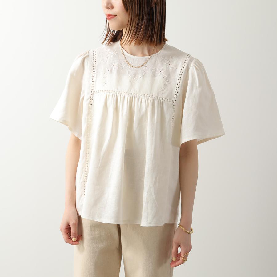 WEEKEND MAX MARA ウィークエンド マックスマーラ ブラウス BACINO バチーノ レディース リネン キャンバス ギャザー フラワー 刺繍 半袖の画像