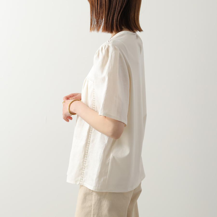 WEEKEND MAX MARA ウィークエンド マックスマーラ ブラウス BACINO バチーノ レディース リネン キャンバス ギャザー フラワー 刺繍 半袖の画像