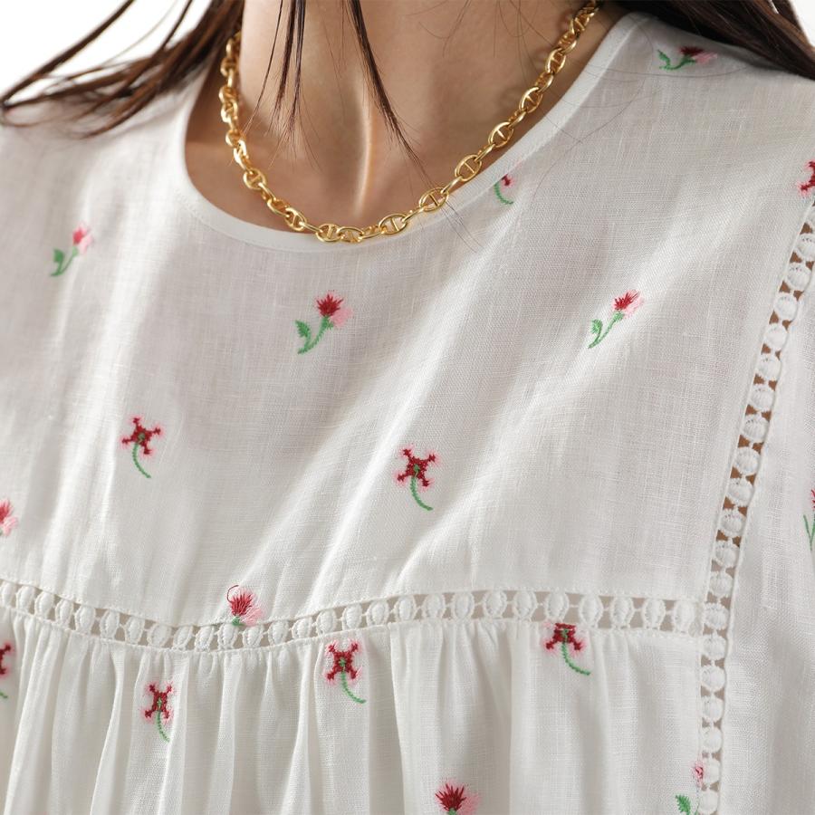 WEEKEND MAX MARA ウィークエンド マックスマーラ ブラウス BACINO バチーノ レディース リネン キャンバス ギャザー フラワー 刺繍 半袖の画像