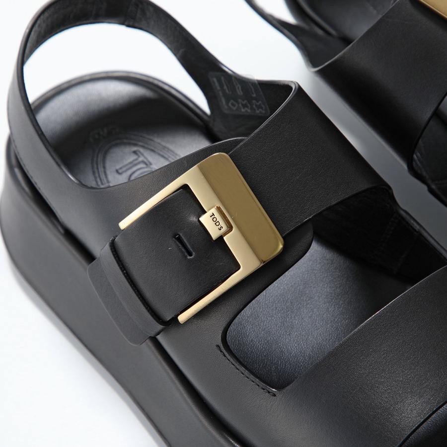 TOD'S ブラックサンダル ゴールドダブルバックル TOD'S - TOD'S ケイト レザー フラットサンダル ブラック ゴールド