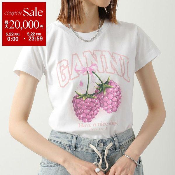 GANNI ガニー Tシャツ Baby Fit T-shirt Raspberry A1050185 11026 レディース ロゴ コットン 半袖 カットソー クルーネック 151/Bright-Whiteの画像