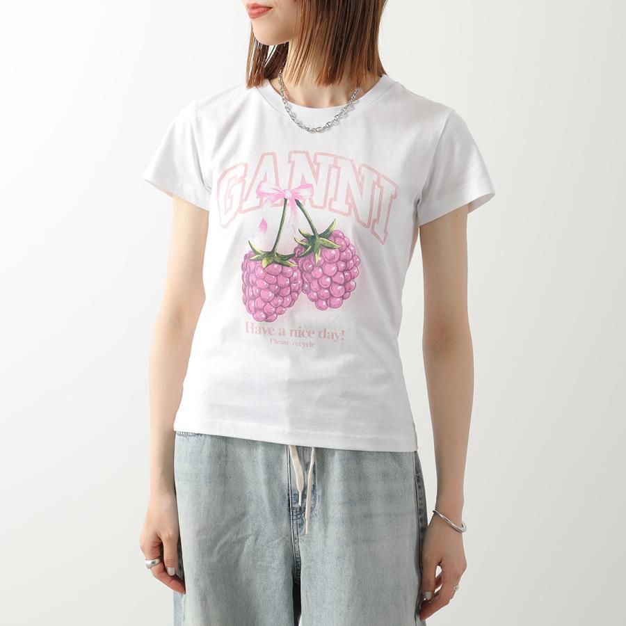 GANNI ガニー Tシャツ Baby Fit T-shirt Raspberry A1050185 11026 レディース ロゴ コットン 半袖 カットソー クルーネック 151/Bright-Whiteの画像