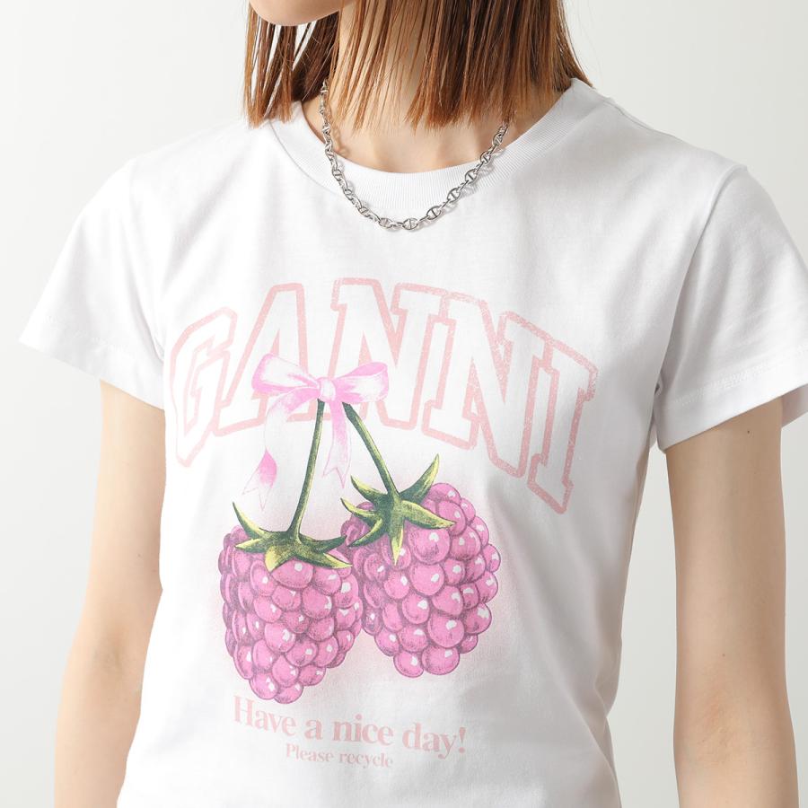 GANNI ガニー Tシャツ Baby Fit T-shirt Raspberry A1050185 11026 レディース ロゴ コットン 半袖 カットソー クルーネック 151/Bright-Whiteの画像