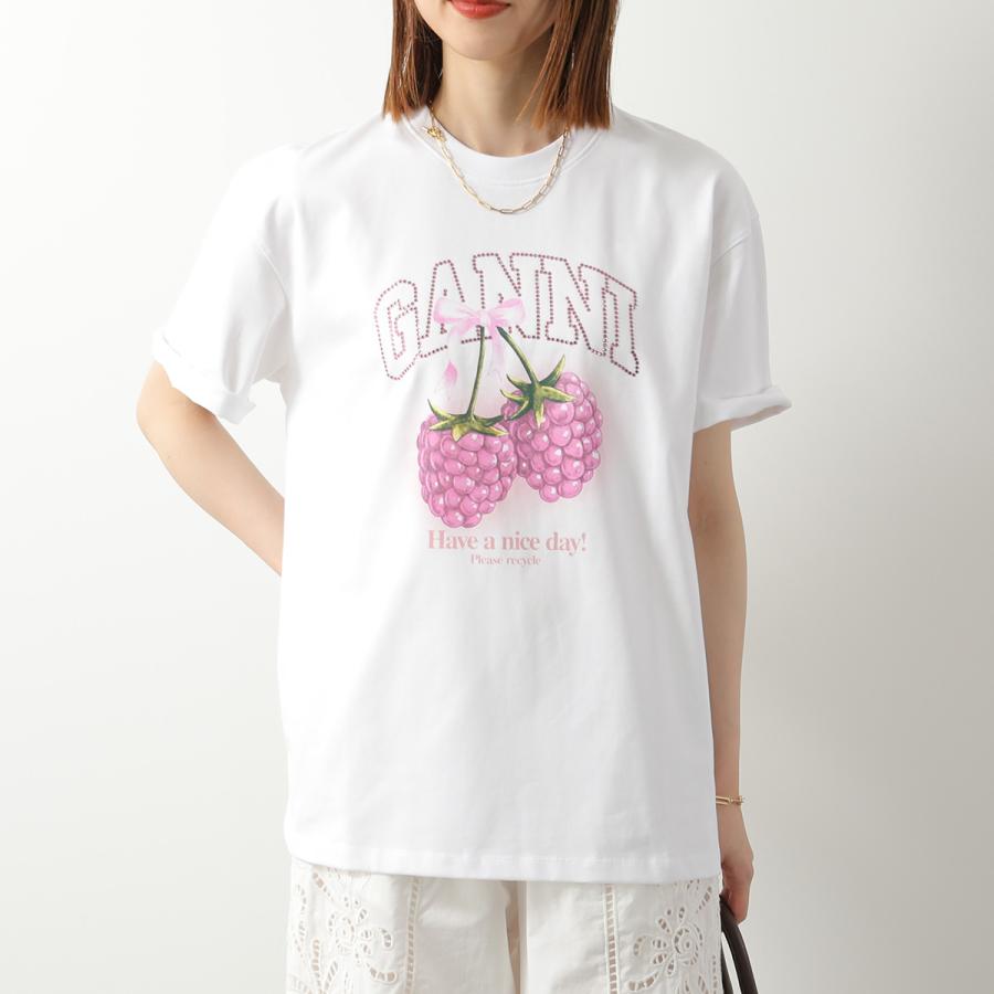 GANNI ガニー Tシャツ Heavy Cotton Jersey Raspberry A1050140 11038 レディース ロゴ コットン ラインストーン 半袖 クルーネック 151/Bright-Whiteの画像