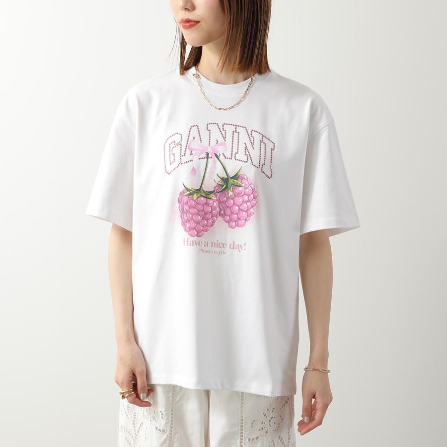 GANNI ガニー Tシャツ Heavy Cotton Jersey Raspberry A1050140 11038 レディース ロゴ コットン ラインストーン 半袖 クルーネック 151/Bright-Whiteの画像