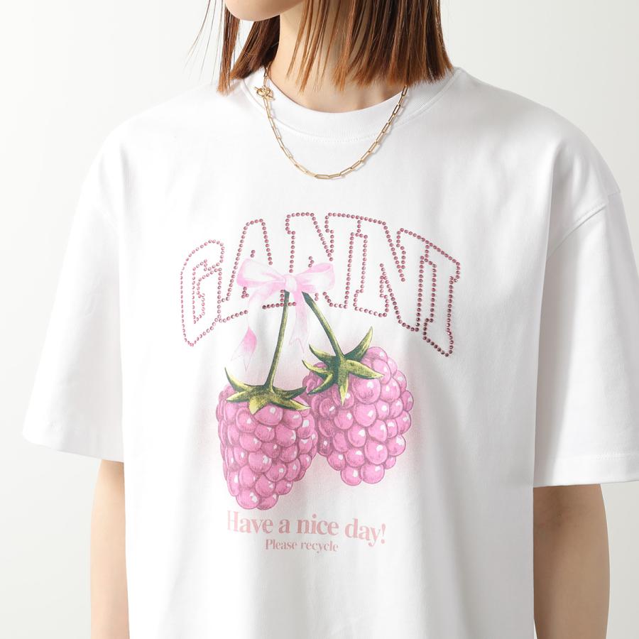 GANNI ガニー Tシャツ Heavy Cotton Jersey Raspberry A1050140 11038 レディース ロゴ コットン ラインストーン 半袖 クルーネック 151/Bright-Whiteの画像