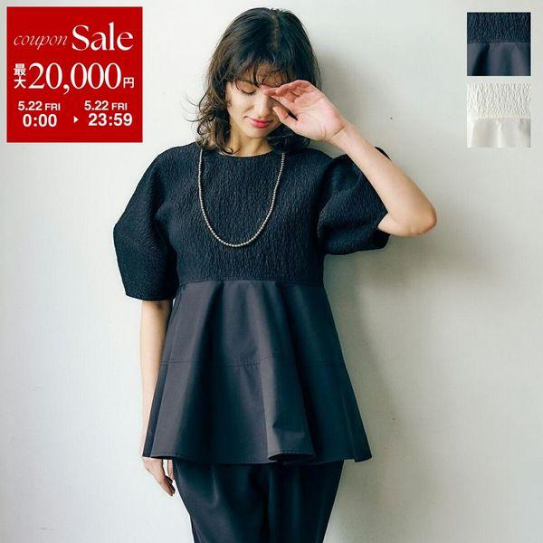 anana アナナ ブラウス a56-019 レディース ジャガード切替 ペプラム ランタンスリーブ 五分袖 セレモニー対応可の画像
