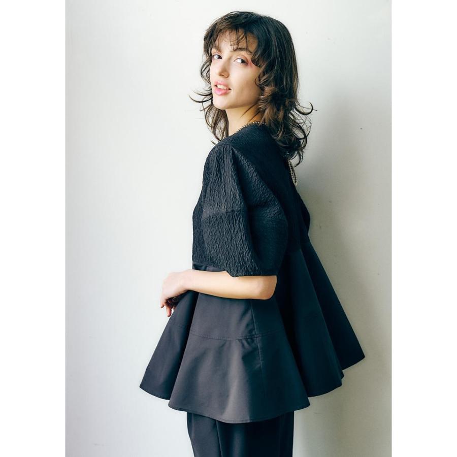 anana アナナ ブラウス a56-019 レディース ジャガード切替 ペプラム ランタンスリーブ 五分袖 セレモニー対応可の画像