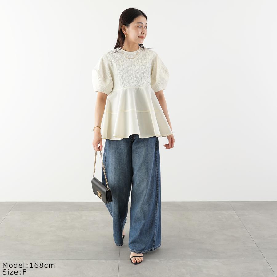 anana アナナ ブラウス a56-019 レディース ジャガード切替 ペプラム ランタンスリーブ 五分袖 セレモニー対応可の画像