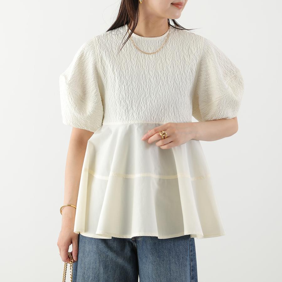 anana アナナ ブラウス a56-019 レディース ジャガード切替 ペプラム ランタンスリーブ 五分袖 セレモニー対応可の画像