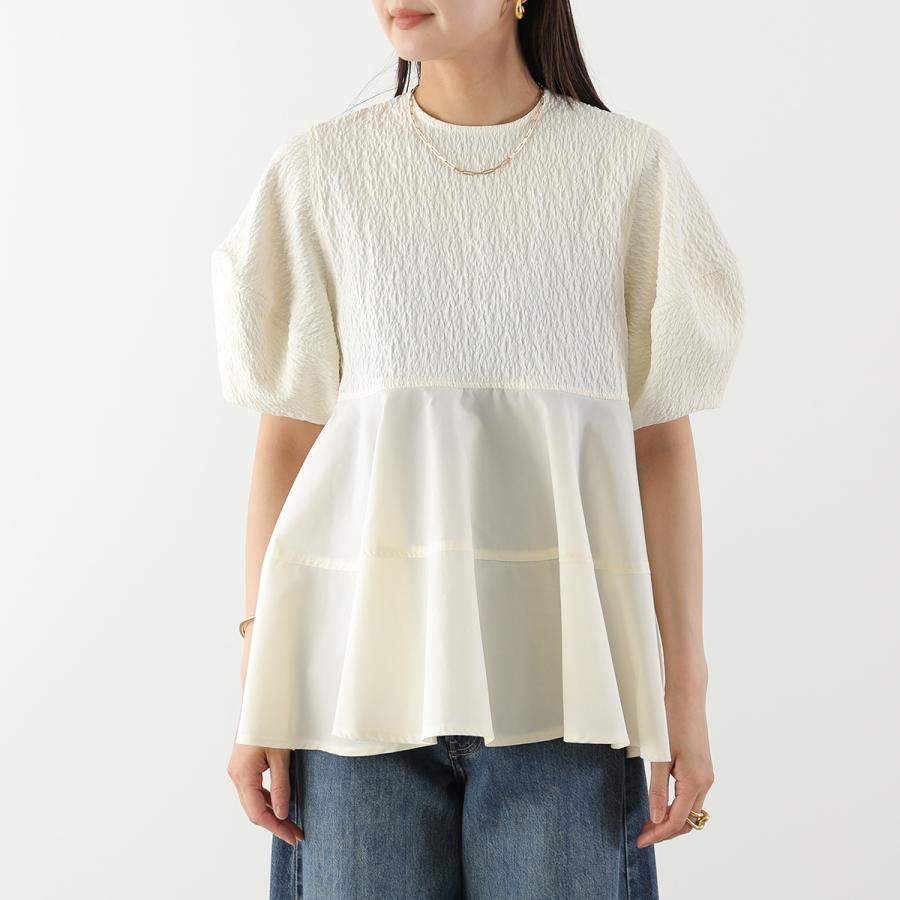 anana アナナ ブラウス a56-019 レディース ジャガード切替 ペプラム ランタンスリーブ 五分袖 セレモニー対応可の画像