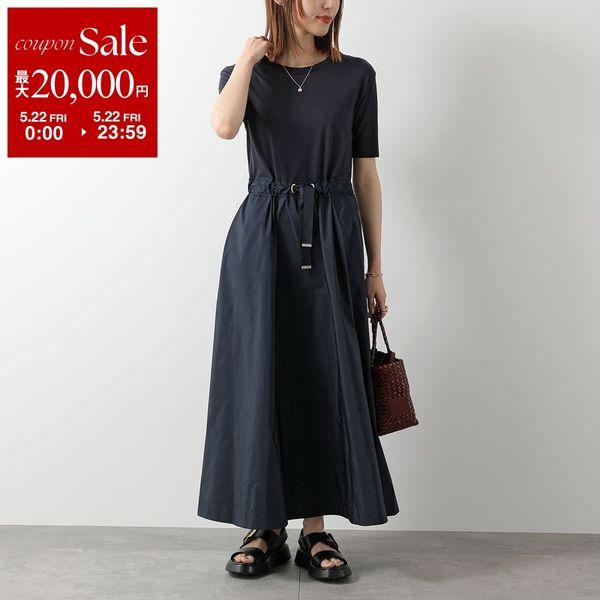 HERNO ヘルノ ワンピース AB000032D 52056 レディース 異素材ミックス ミディ ドレス ニット 半袖 クルーネック Aラインメタルロゴ 9200の画像