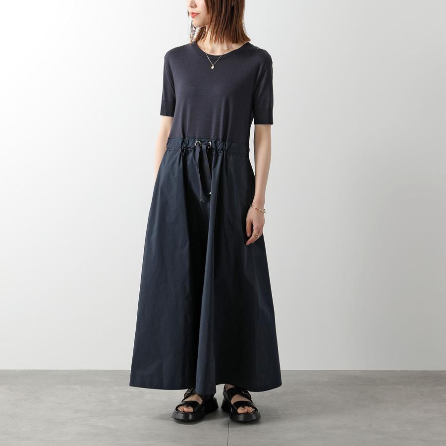HERNO ヘルノ ワンピース AB000032D 52056 レディース 異素材ミックス ミディ ドレス ニット 半袖 クルーネック Aラインメタルロゴ 9200の画像