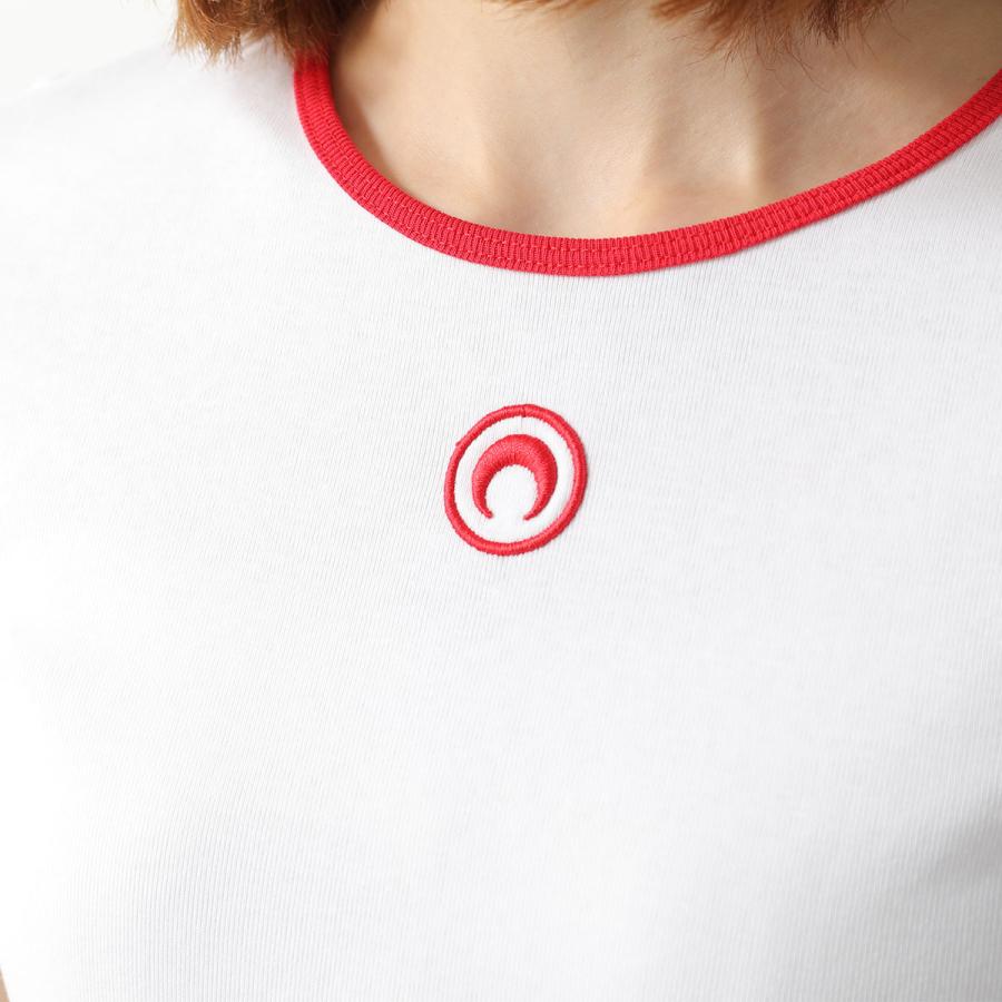 Marine Serre マリーン セル リンガーTシャツ Moon Logo Bicolor Jersey Ss T-Shirt UTT014A CJER0008 レディース ムーンロゴ 半袖 WH17/WHITE/REDの画像
