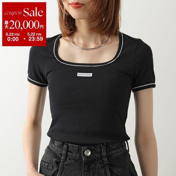 Marine Serre マリーン セル 半袖 Tシャツ Cute 70'S SS Squareneck T-Shirt WTT034A CJER0011 レディース ロゴ リブ スクエアネック BK99/BLACKの画像