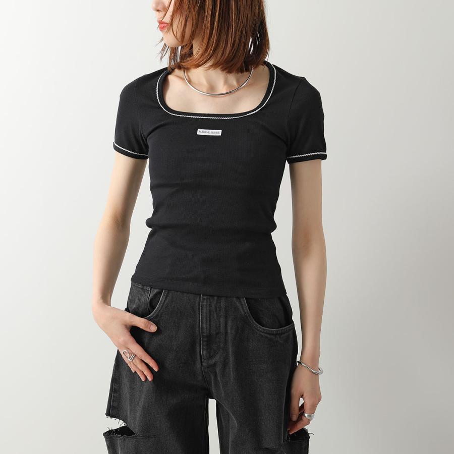 Marine Serre マリーン セル 半袖 Tシャツ Cute 70'S SS Squareneck T-Shirt WTT034A CJER0011 レディース ロゴ リブ スクエアネック BK99/BLACKの画像