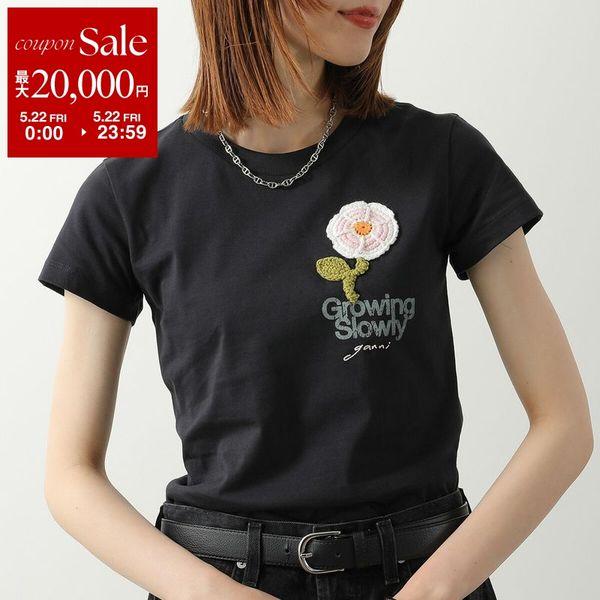GANNI ガニー Tシャツ Basic Cotton Jersey Baby Fit A1050178 11026 レディース カットソー ミニT クロシェ刺繍 フラワー コットン クルーネックの画像