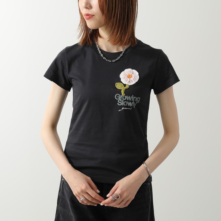 GANNI ガニー Tシャツ Basic Cotton Jersey Baby Fit A1050178 11026 レディース カットソー ミニT クロシェ刺繍 フラワー コットン クルーネックの画像